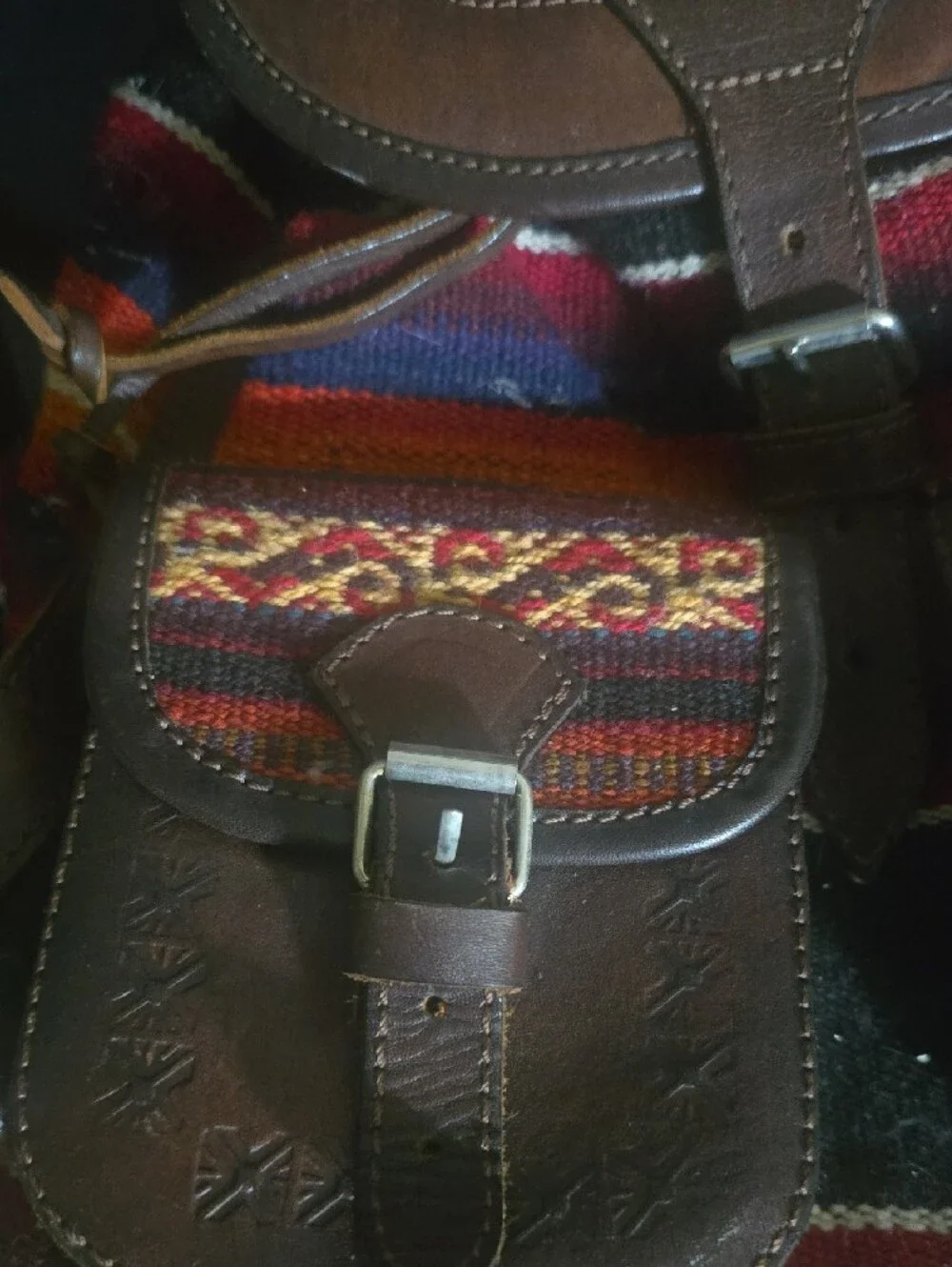 Bohemian Leather and Woven Red Backpack - Womans Casual Bag